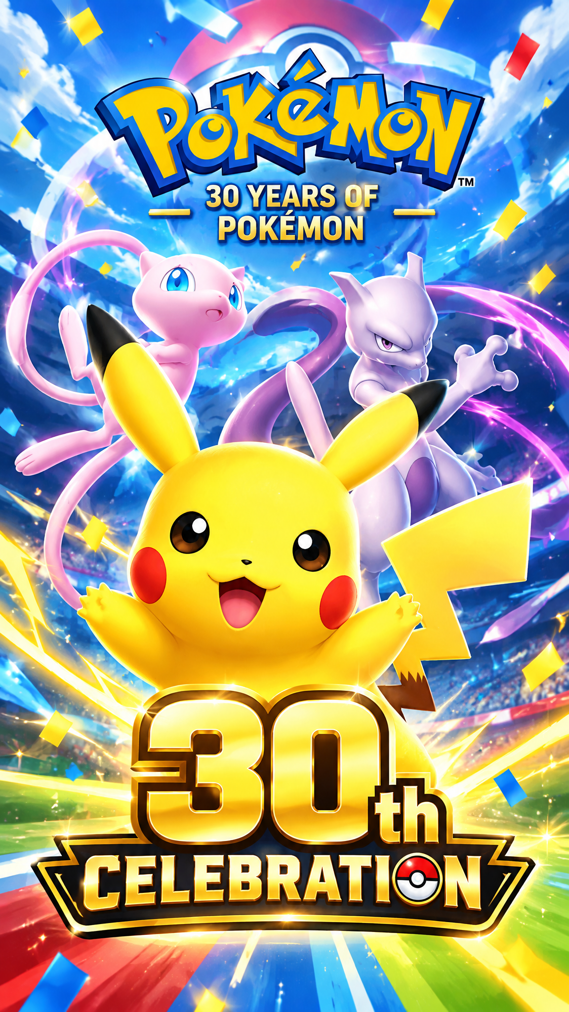 Pikachu, Mew and Mewtwo celebrating 30 years of Pokémon
